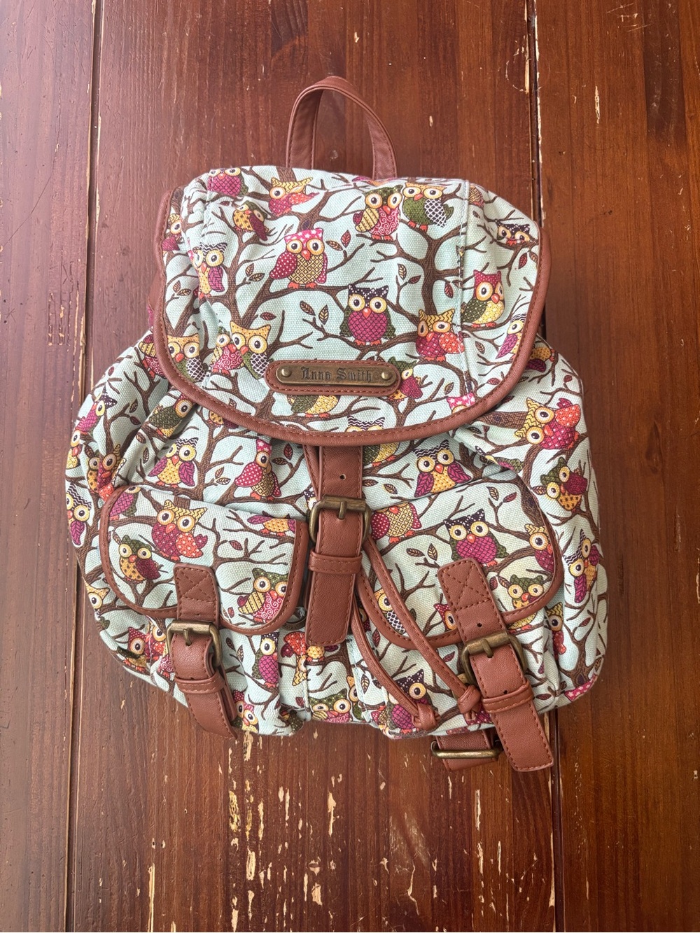 Canvas Owl-Trim Drawstring Backpack with Brown Faux Leather Accents
